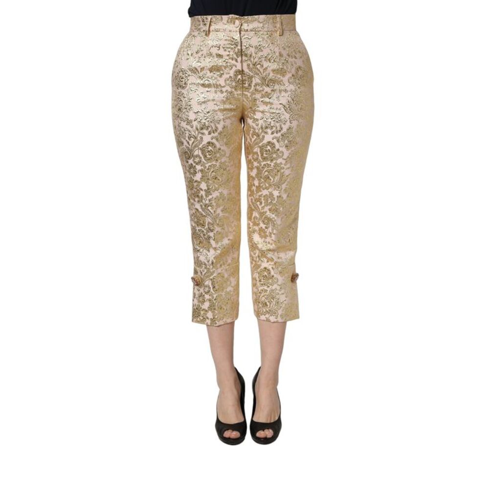 Dolce & Gabbana Gold Jacquard Floral Lamé Crop Trouser Women's Pants